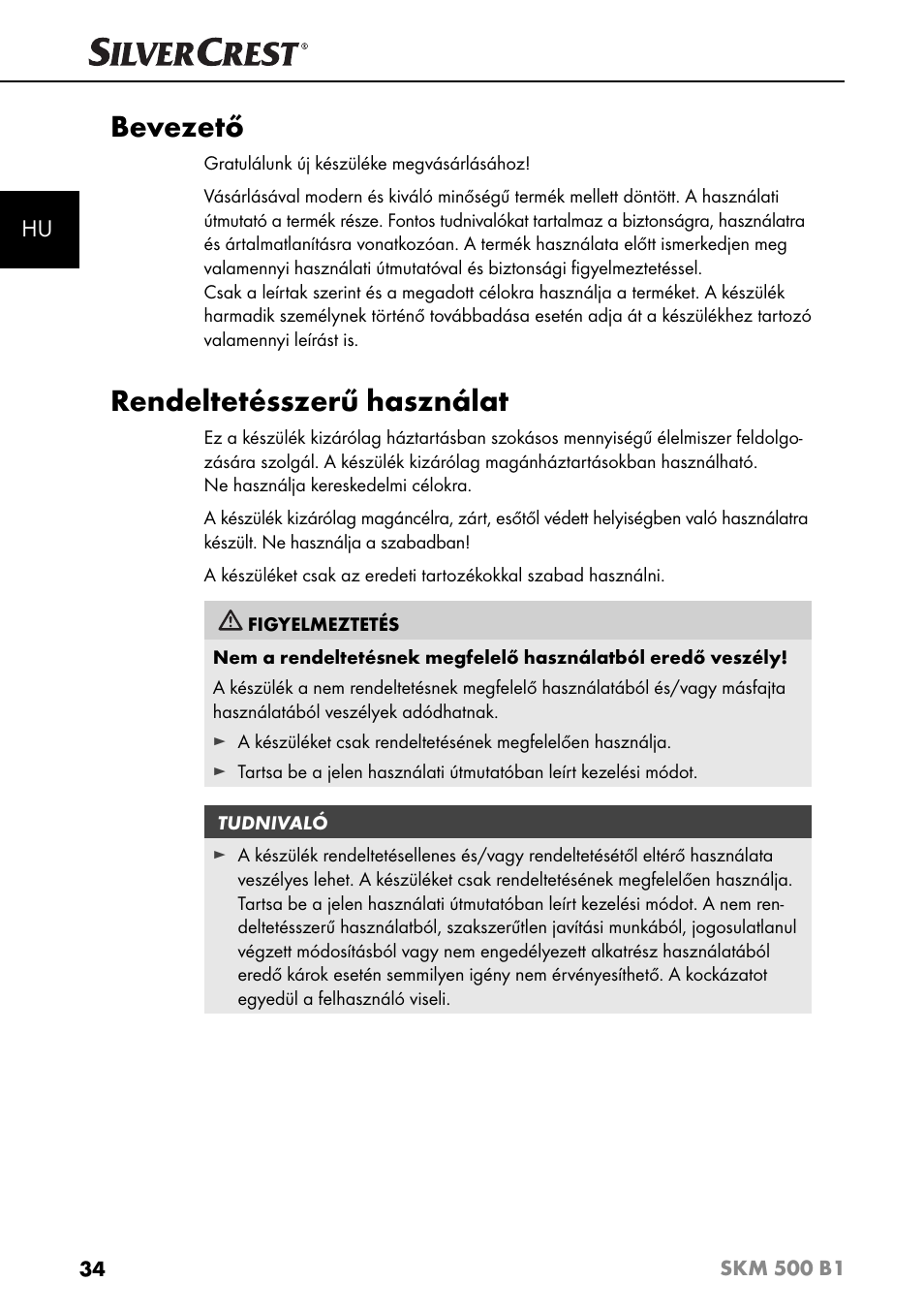 Bevezető, Rendeltetésszerű használat | Silvercrest SKM 500 B1 User Manual | Page 37 / 193