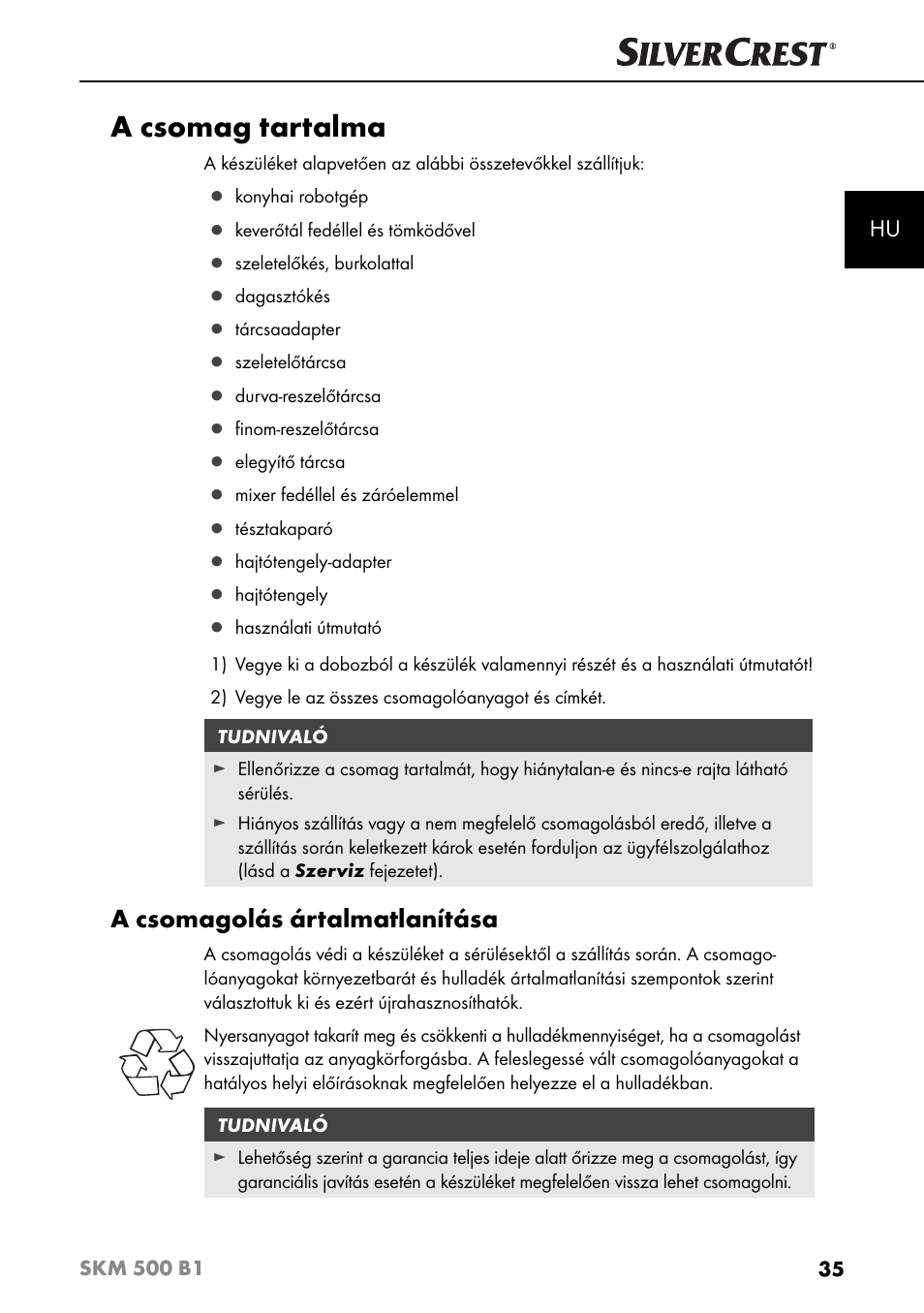 A csomag tartalma, A csomagolás ártalmatlanítása | Silvercrest SKM 500 B1 User Manual | Page 38 / 193