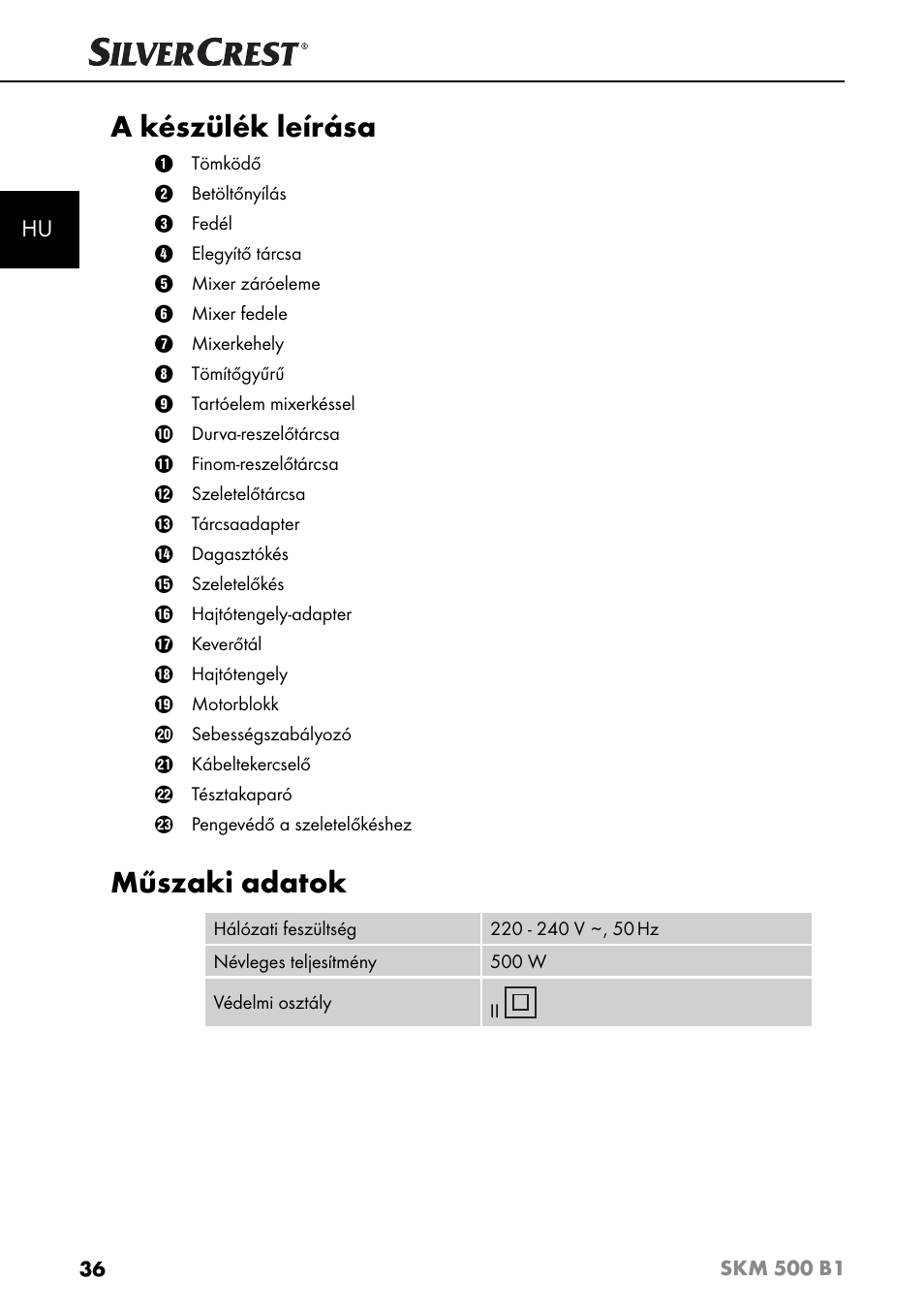 A készülék leírása, Műszaki adatok | Silvercrest SKM 500 B1 User Manual | Page 39 / 193