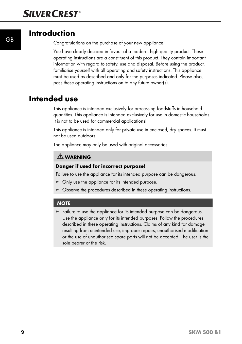 Introduction, Intended use | Silvercrest SKM 500 B1 User Manual | Page 5 / 193