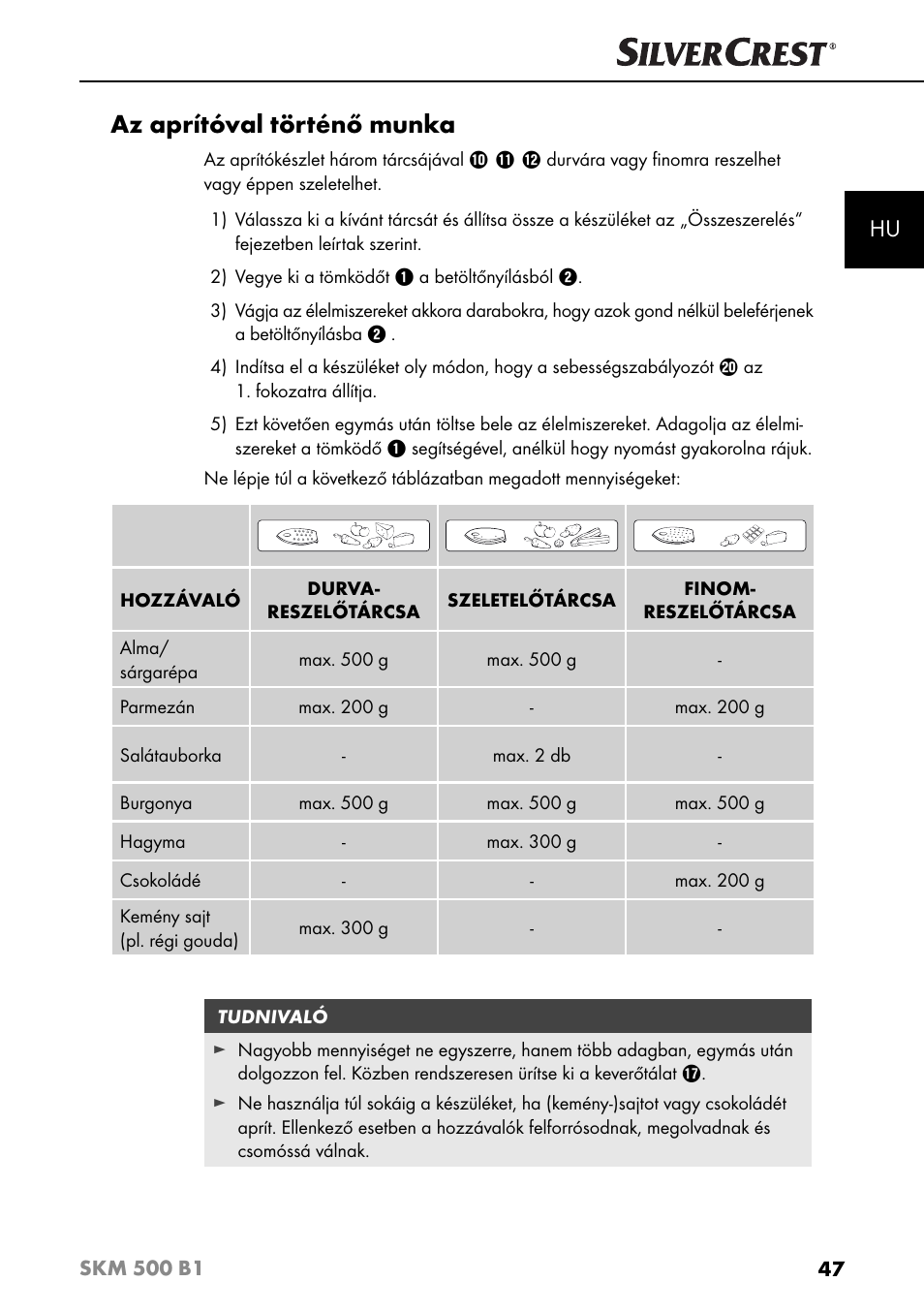 Az aprítóval történő munka | Silvercrest SKM 500 B1 User Manual | Page 50 / 193