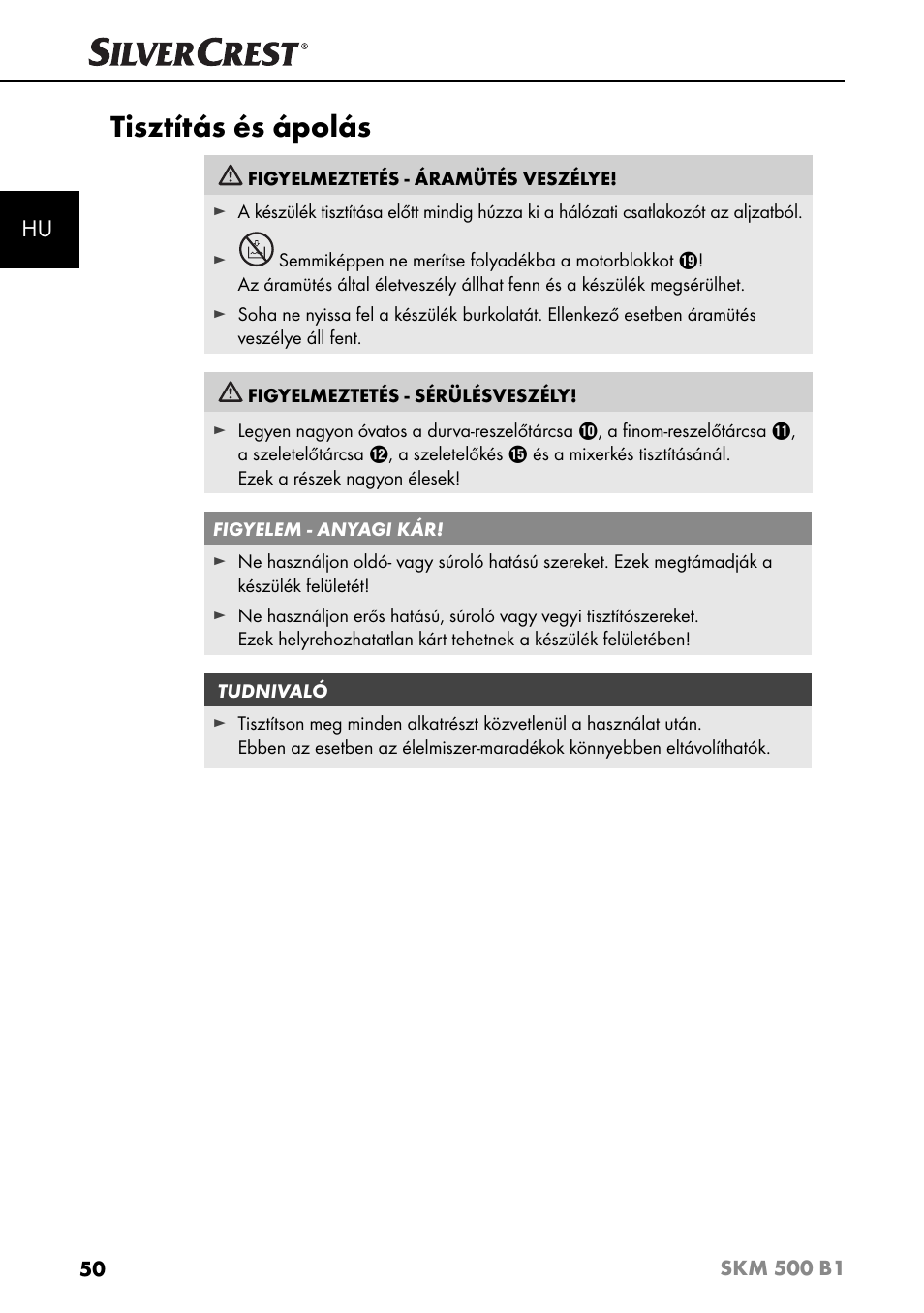 Tisztítás és ápolás | Silvercrest SKM 500 B1 User Manual | Page 53 / 193