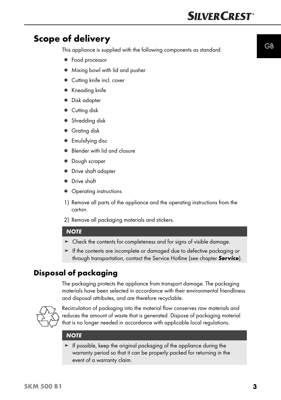 Scope of delivery, Disposal of packaging | Silvercrest SKM 500 B1 User Manual | Page 6 / 193