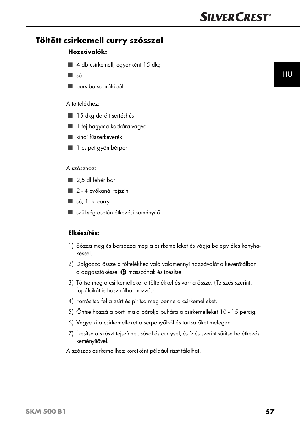 Töltött csirkemell curry szósszal | Silvercrest SKM 500 B1 User Manual | Page 60 / 193