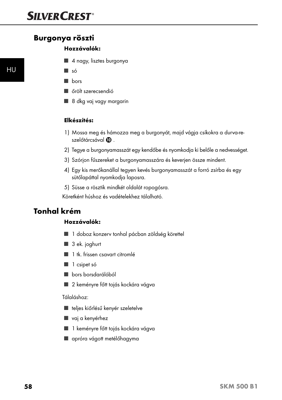 Burgonya röszti, Tonhal krém | Silvercrest SKM 500 B1 User Manual | Page 61 / 193