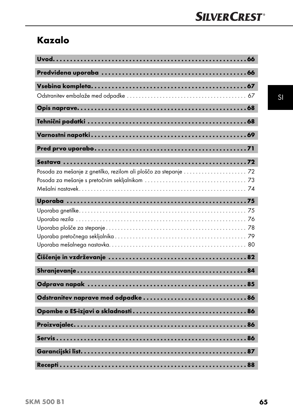 Kazalo | Silvercrest SKM 500 B1 User Manual | Page 68 / 193