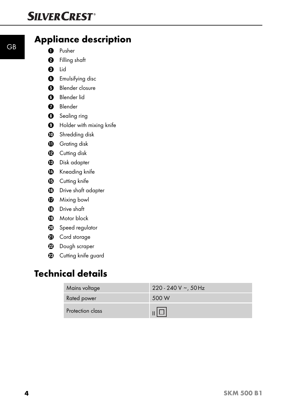 Appliance description, Technical details | Silvercrest SKM 500 B1 User Manual | Page 7 / 193