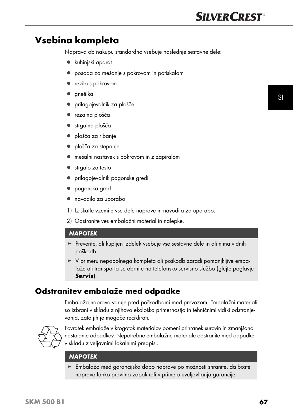 Vsebina kompleta, Odstranitev embalaže med odpadke | Silvercrest SKM 500 B1 User Manual | Page 70 / 193