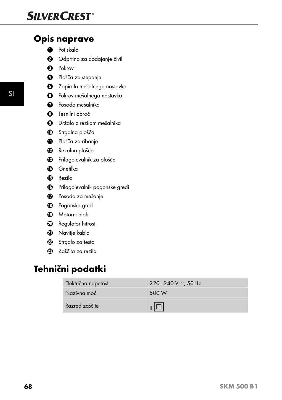 Opis naprave, Tehnični podatki | Silvercrest SKM 500 B1 User Manual | Page 71 / 193