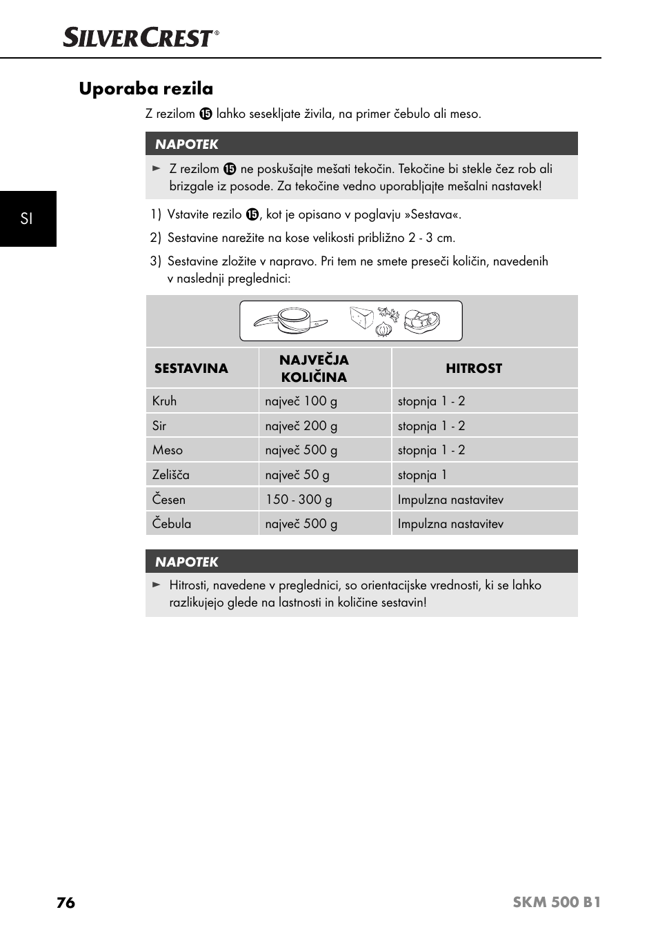 Uporaba rezila | Silvercrest SKM 500 B1 User Manual | Page 79 / 193