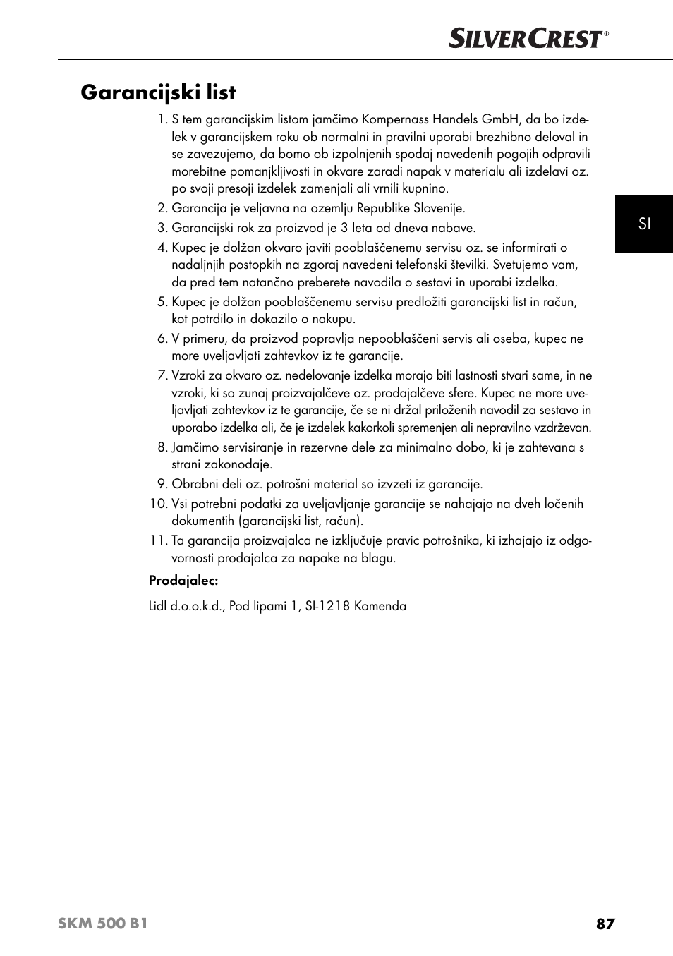 Garancijski list | Silvercrest SKM 500 B1 User Manual | Page 90 / 193