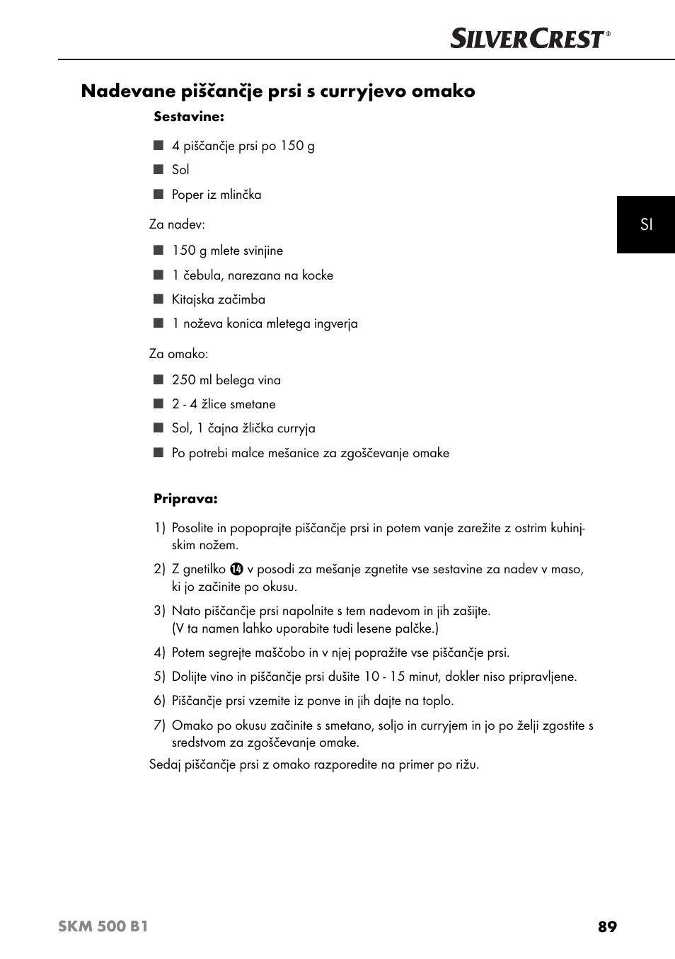 Nadevane piščančje prsi s curryjevo omako | Silvercrest SKM 500 B1 User Manual | Page 92 / 193