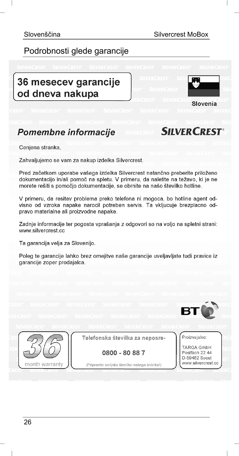 Podrobnosti glede garancije | Silvercrest MoBox 500 User Manual | Page 28 / 44