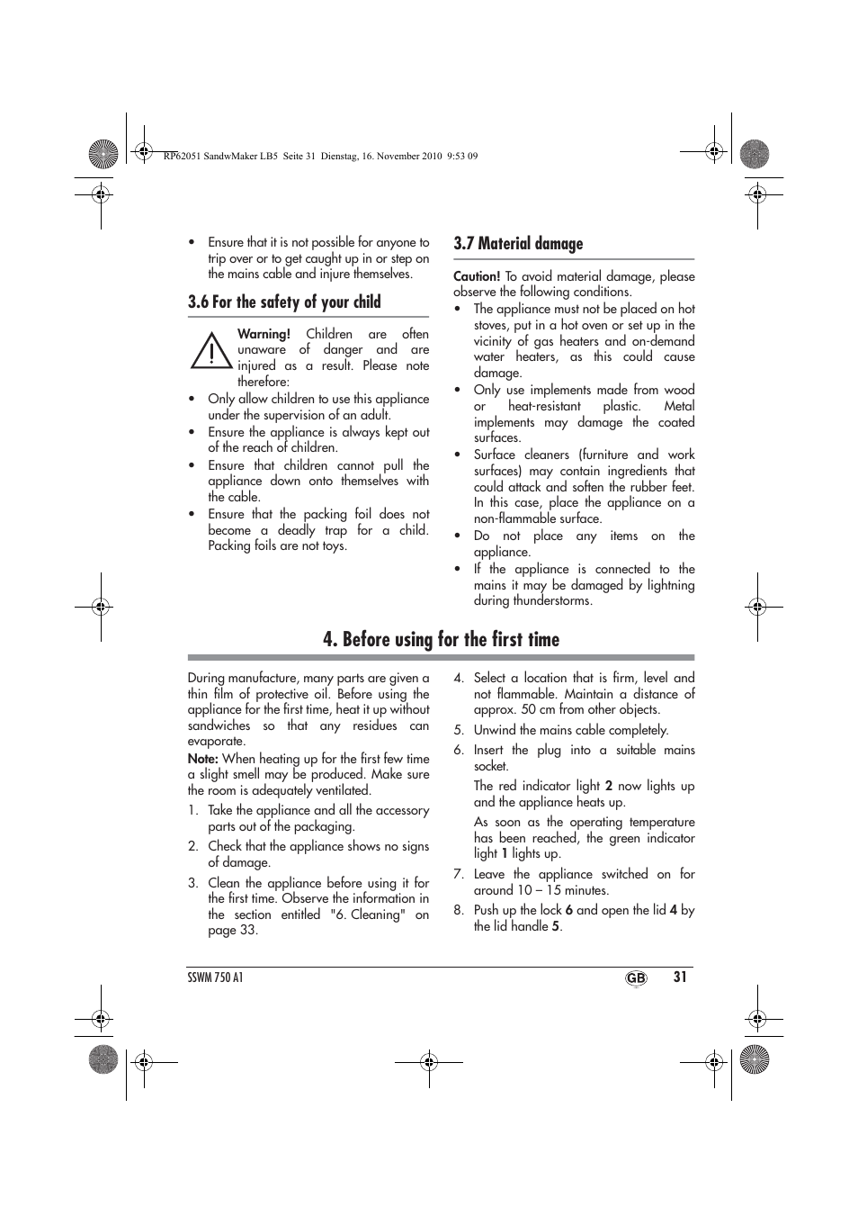 Before using for the ﬁrst time, 6 for the safety of your child, 7 material damage | Silvercrest SSWM 750 A1 User Manual | Page 33 / 46