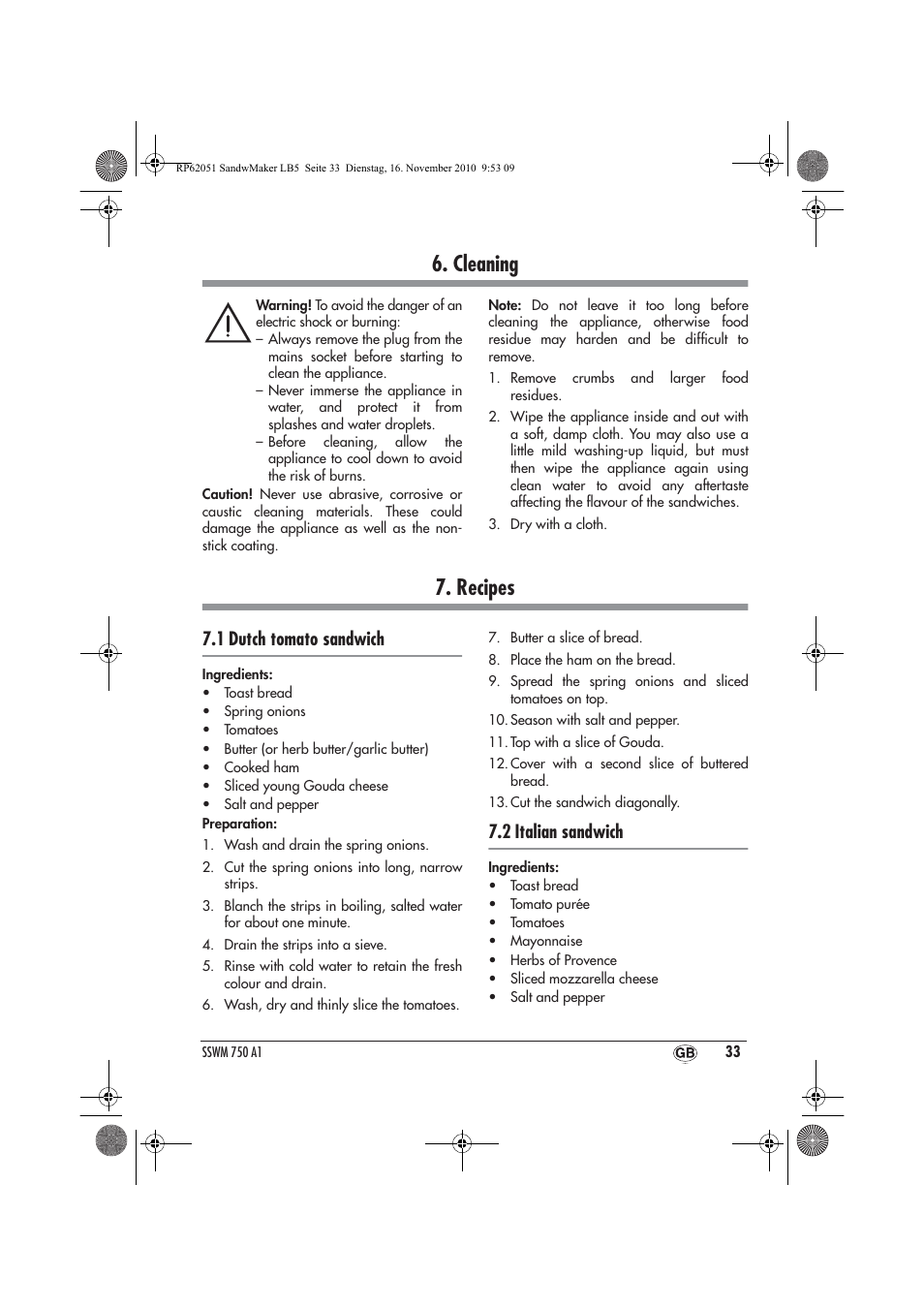 Cleaning, Recipes, 1 dutch tomato sandwich | 2 italian sandwich | Silvercrest SSWM 750 A1 User Manual | Page 35 / 46