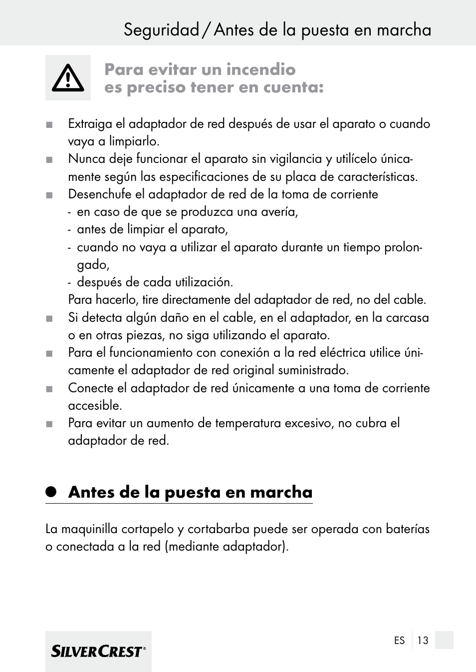 Seguridad / antes de la puesta en marcha, Para evitar un incendio es preciso tener en cuenta, Antes de la puesta en marcha | Silvercrest 7133016 User Manual | Page 13 / 95