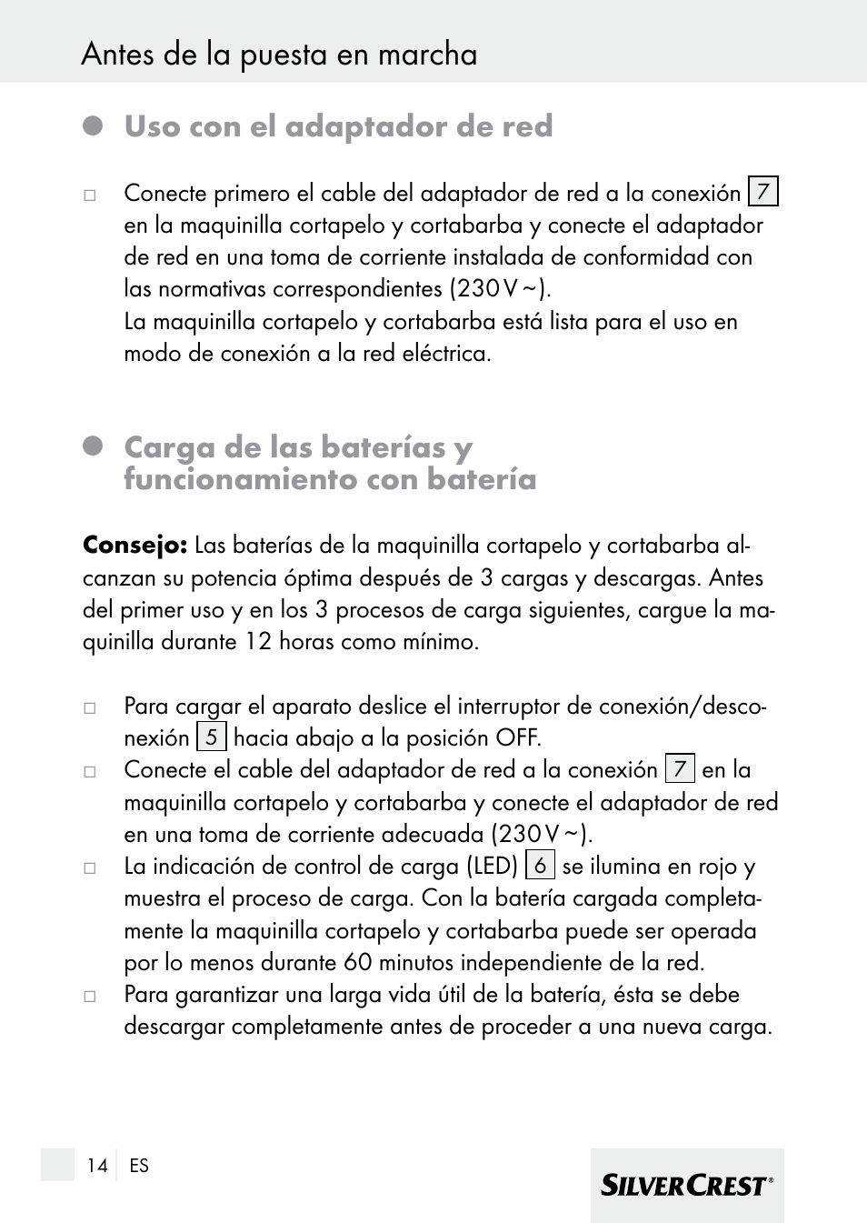 Antes de la puesta en marcha, Uso con el adaptador de red, Carga de las baterías y funcionamiento con batería | Silvercrest 7133016 User Manual | Page 14 / 95