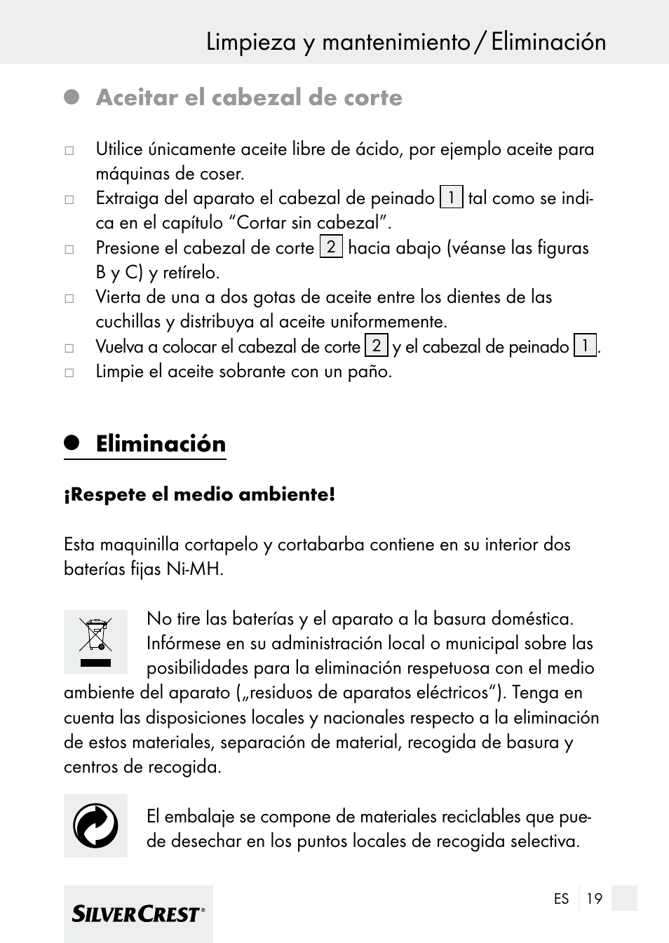 Limpieza y mantenimiento / eliminación, Aceitar el cabezal de corte, Eliminación | Silvercrest 7133016 User Manual | Page 19 / 95