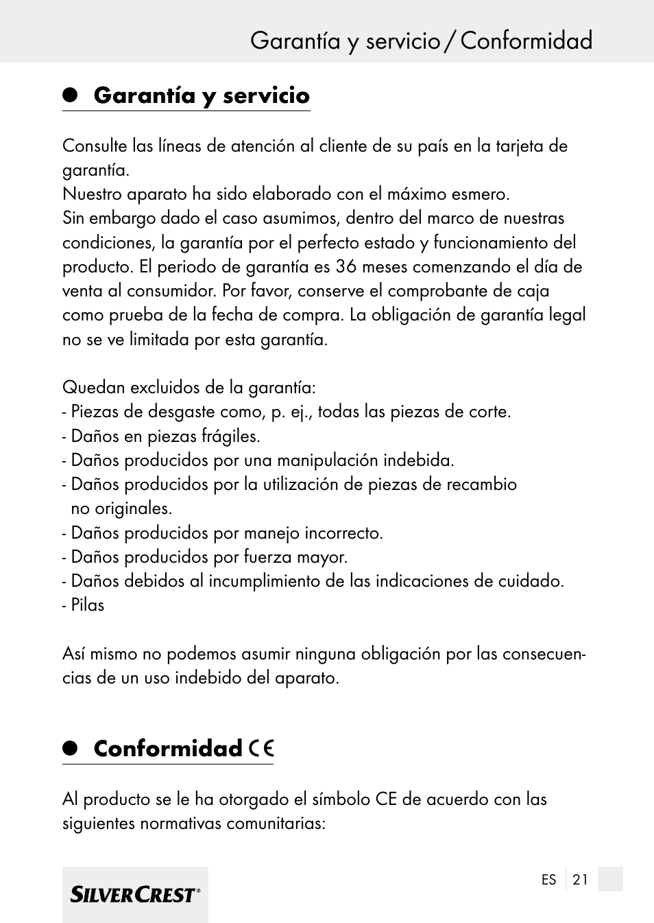 Garantía y servicio / conformidad, Garantía y servicio, Conformidad | Silvercrest 7133016 User Manual | Page 21 / 95