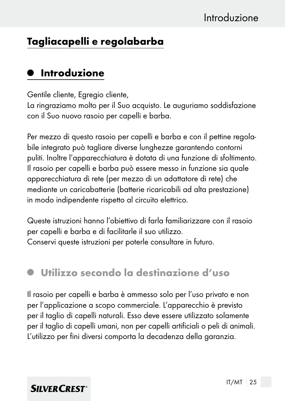 Introduzione, Tagliacapelli e regolabarba, Utilizzo secondo la destinazione d’uso | Silvercrest 7133016 User Manual | Page 25 / 95