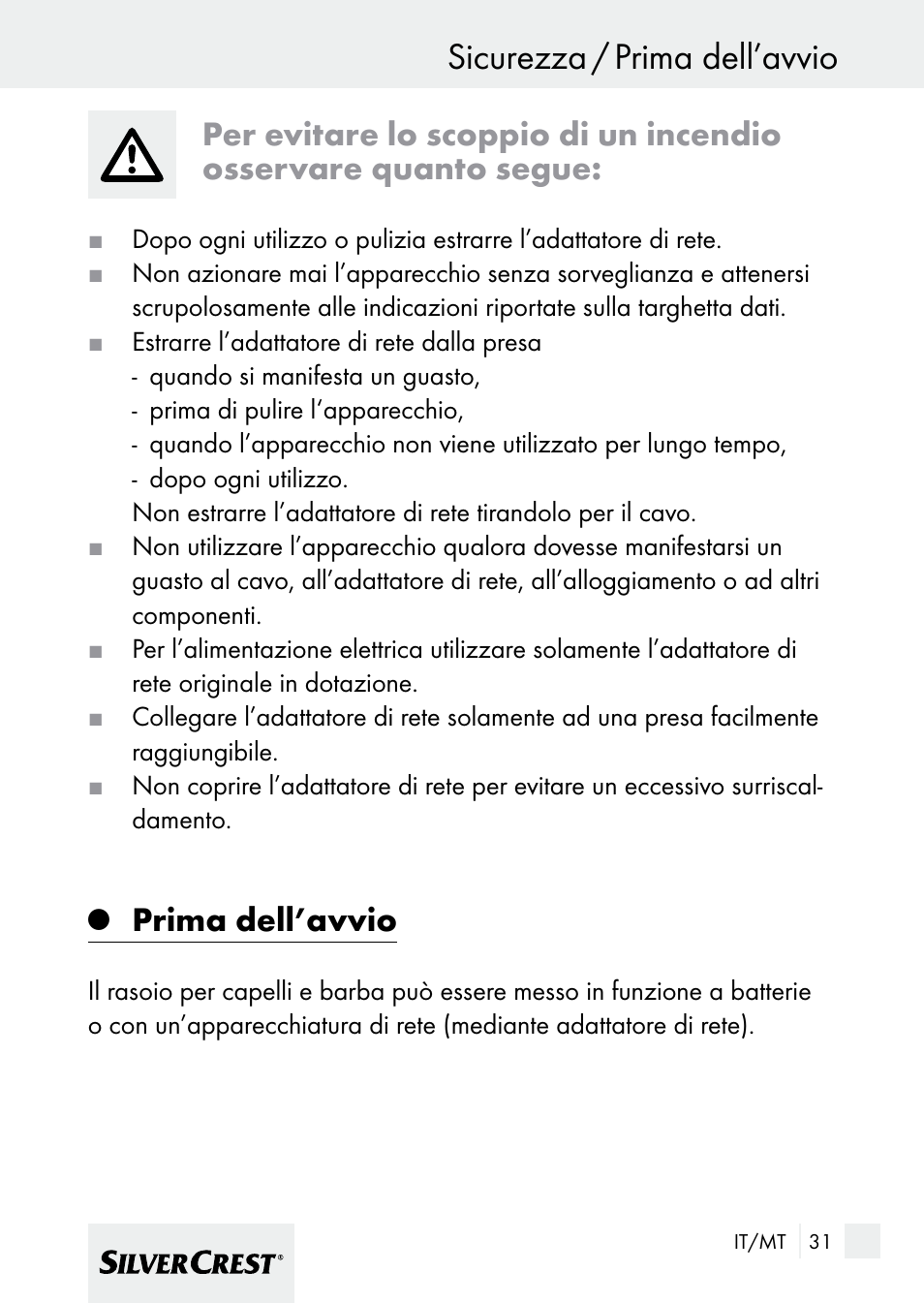 Sicurezza / prima dell’avvio, Prima dell’avvio | Silvercrest 7133016 User Manual | Page 31 / 95
