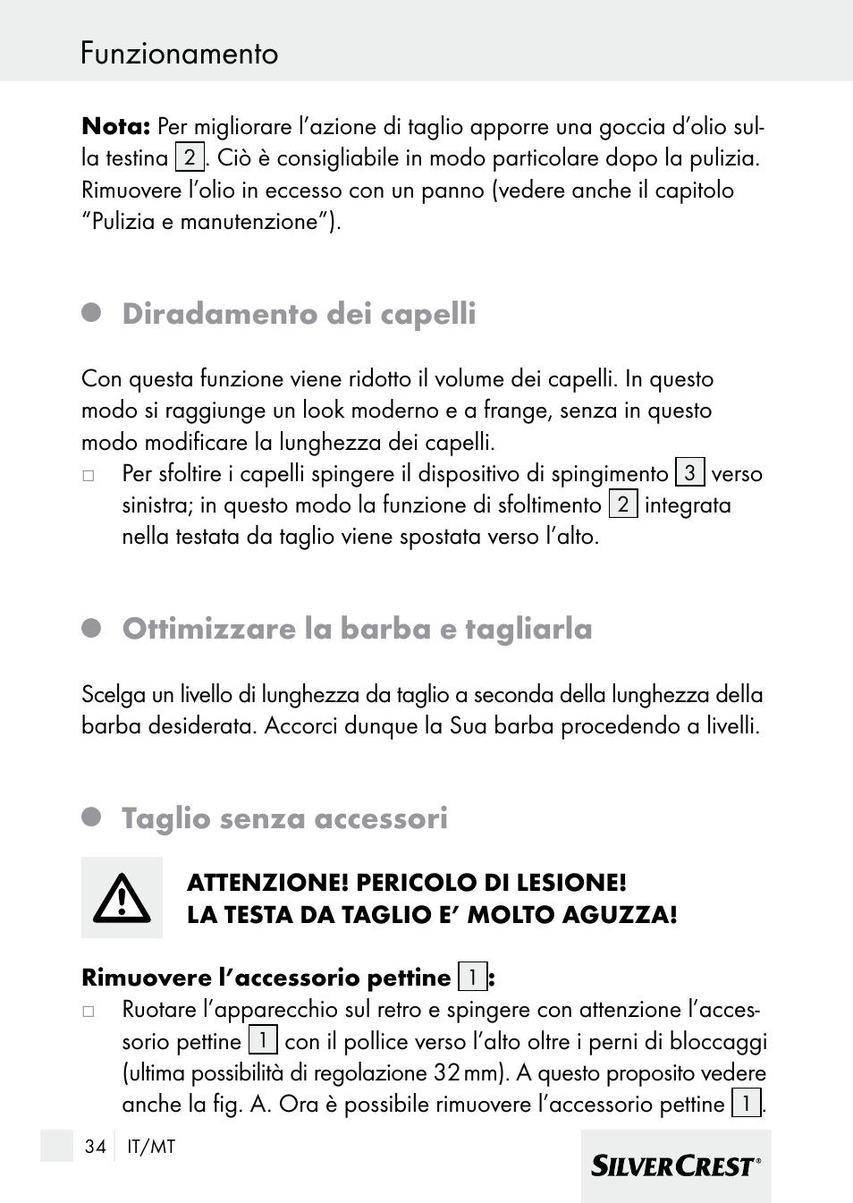 Funzionamento, Diradamento dei capelli, Ottimizzare la barba e tagliarla | Taglio senza accessori | Silvercrest 7133016 User Manual | Page 34 / 95