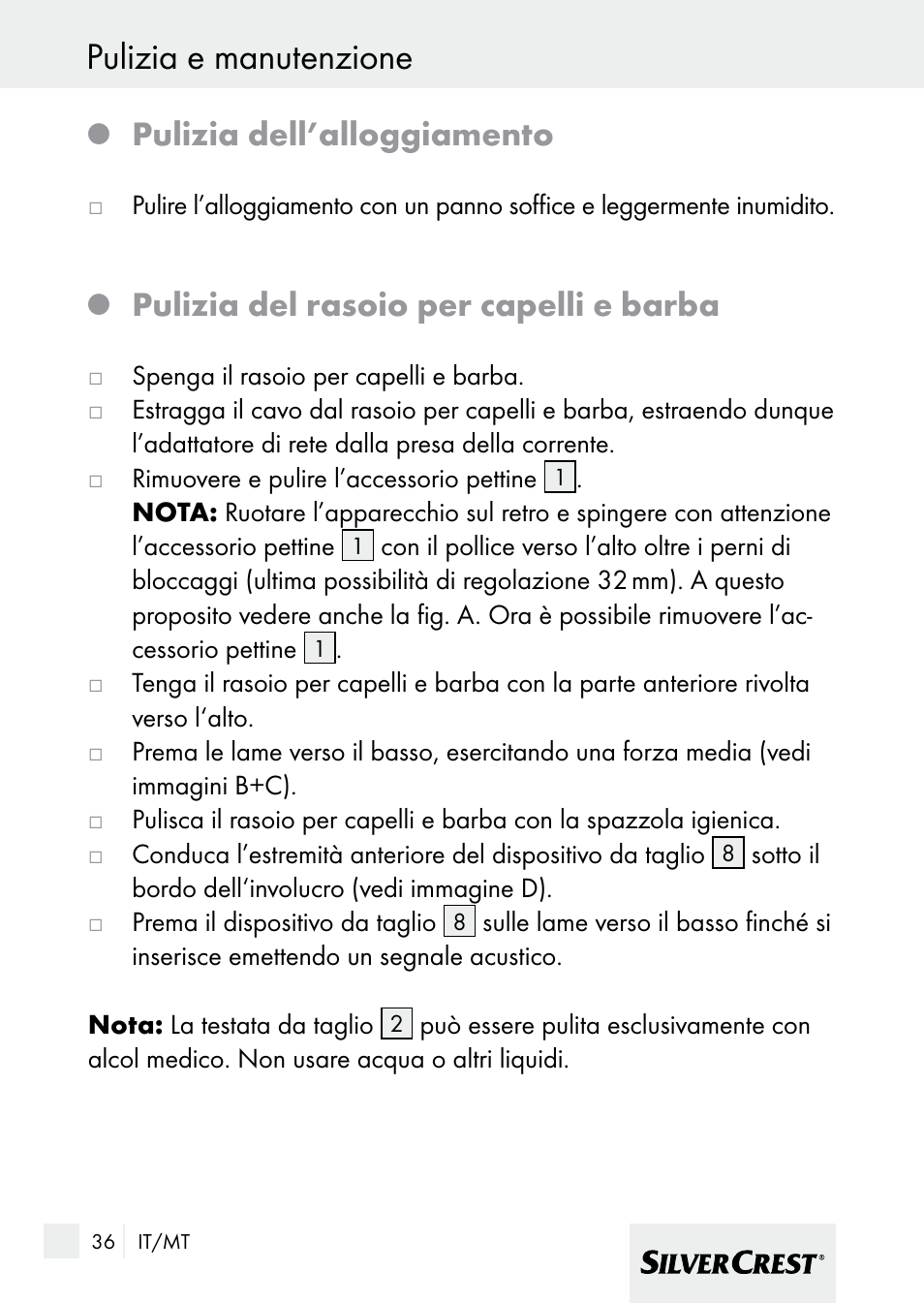 Pulizia e manutenzione, Pulizia dell’alloggiamento, Pulizia del rasoio per capelli e barba | Silvercrest 7133016 User Manual | Page 36 / 95