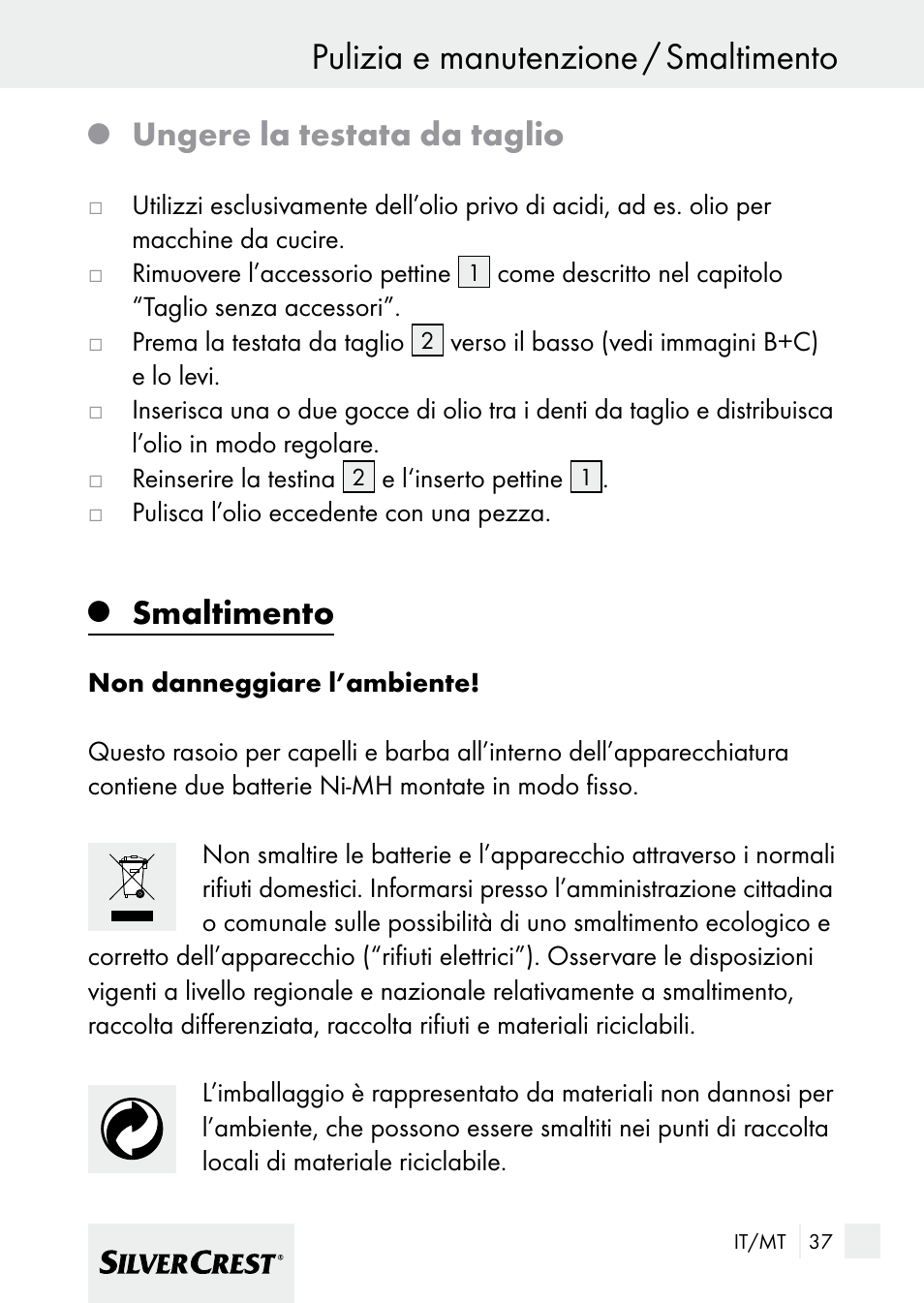 Pulizia e manutenzione / smaltimento, Ungere la testata da taglio, Smaltimento | Silvercrest 7133016 User Manual | Page 37 / 95