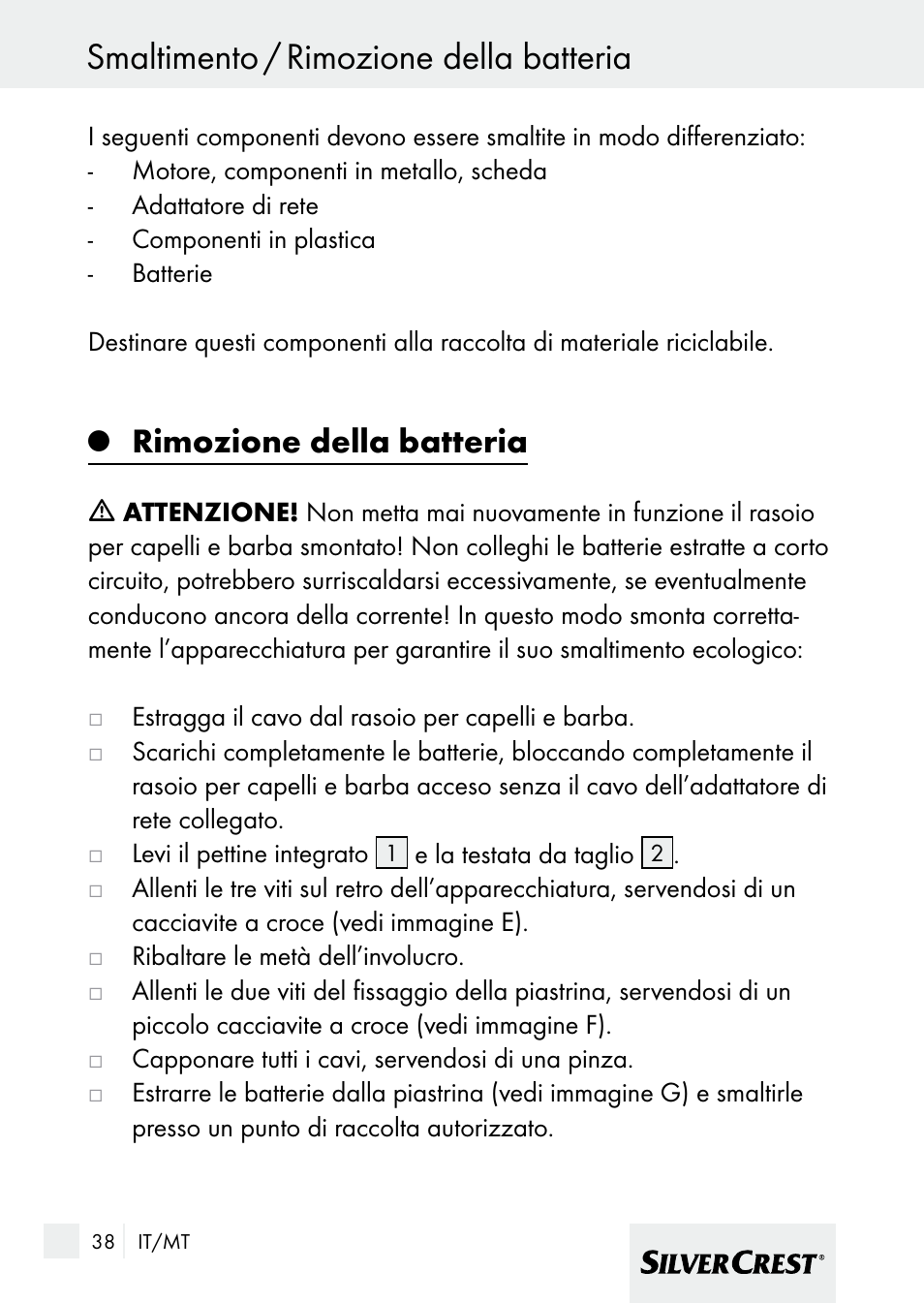 Smaltimento / rimozione della batteria, Rimozione della batteria | Silvercrest 7133016 User Manual | Page 38 / 95