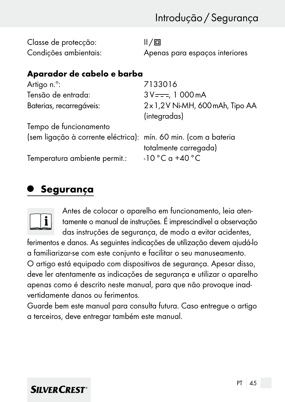 Introdução / segurança, Segurança | Silvercrest 7133016 User Manual | Page 45 / 95