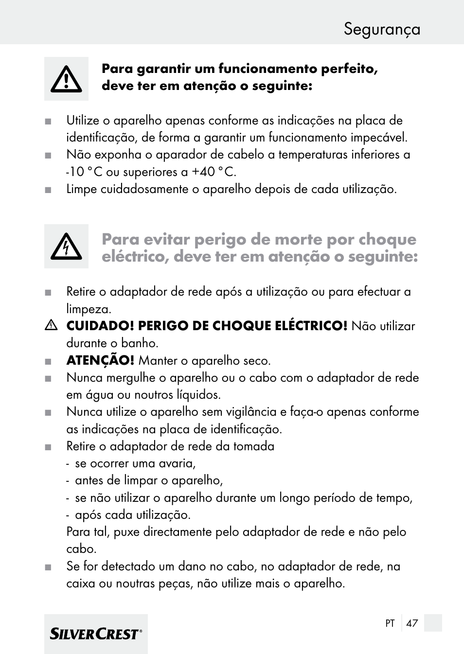 Segurança | Silvercrest 7133016 User Manual | Page 47 / 95