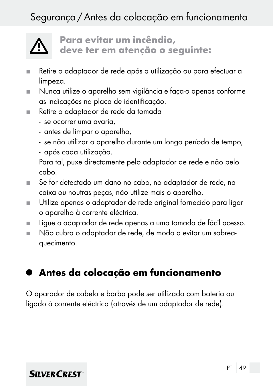 Segurança / antes da colocação em funcionamento, Antes da colocação em funcionamento | Silvercrest 7133016 User Manual | Page 49 / 95