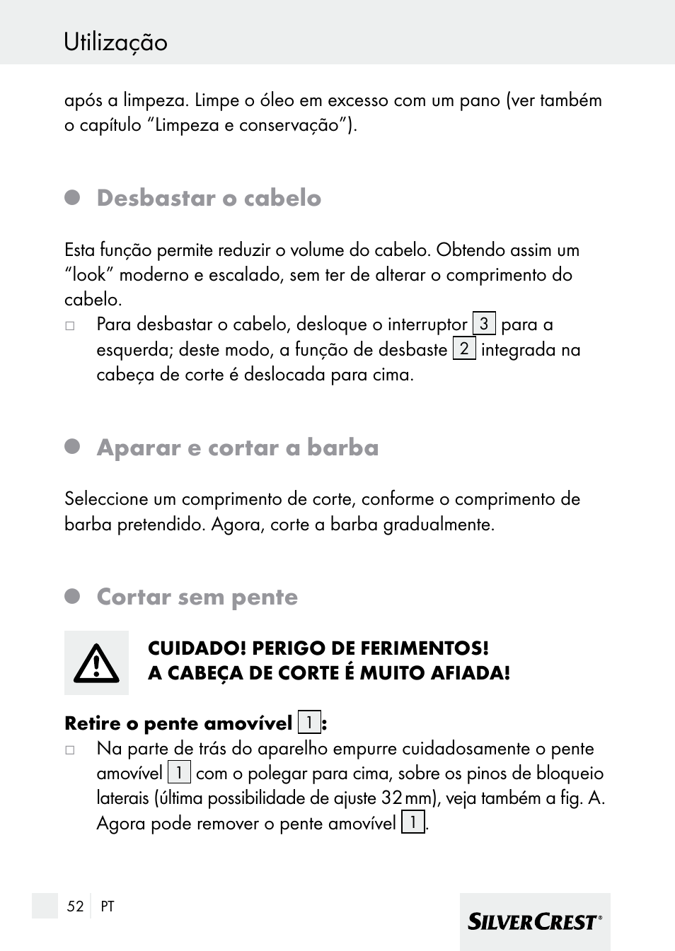 Utilização, Desbastar o cabelo, Aparar e cortar a barba | Cortar sem pente | Silvercrest 7133016 User Manual | Page 52 / 95