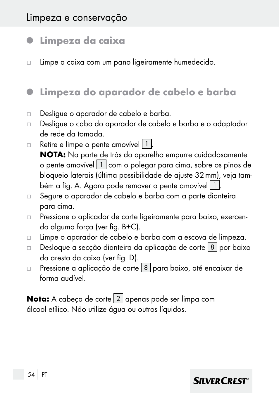 Limpeza e conservação, Limpeza da caixa, Limpeza do aparador de cabelo e barba | Silvercrest 7133016 User Manual | Page 54 / 95