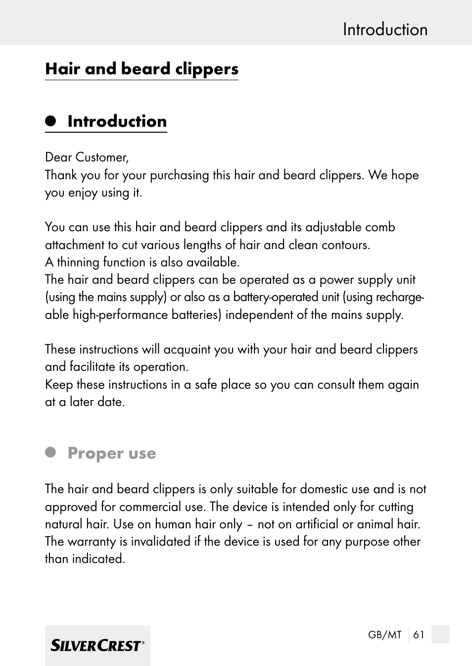 Hair and beard clippers, Introduction, Proper use | Silvercrest 7133016 User Manual | Page 61 / 95