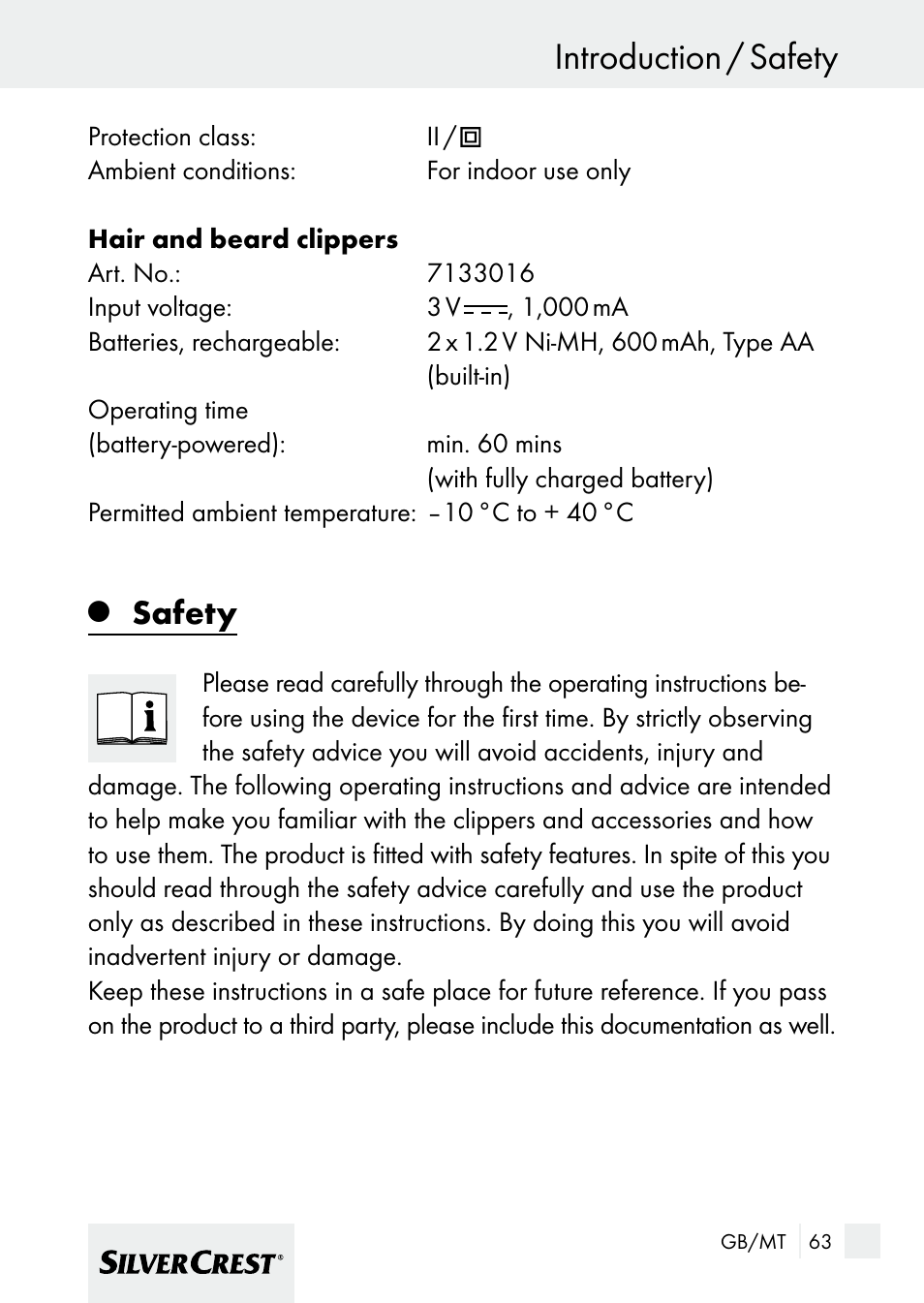 Introduction / safety, Safety | Silvercrest 7133016 User Manual | Page 63 / 95