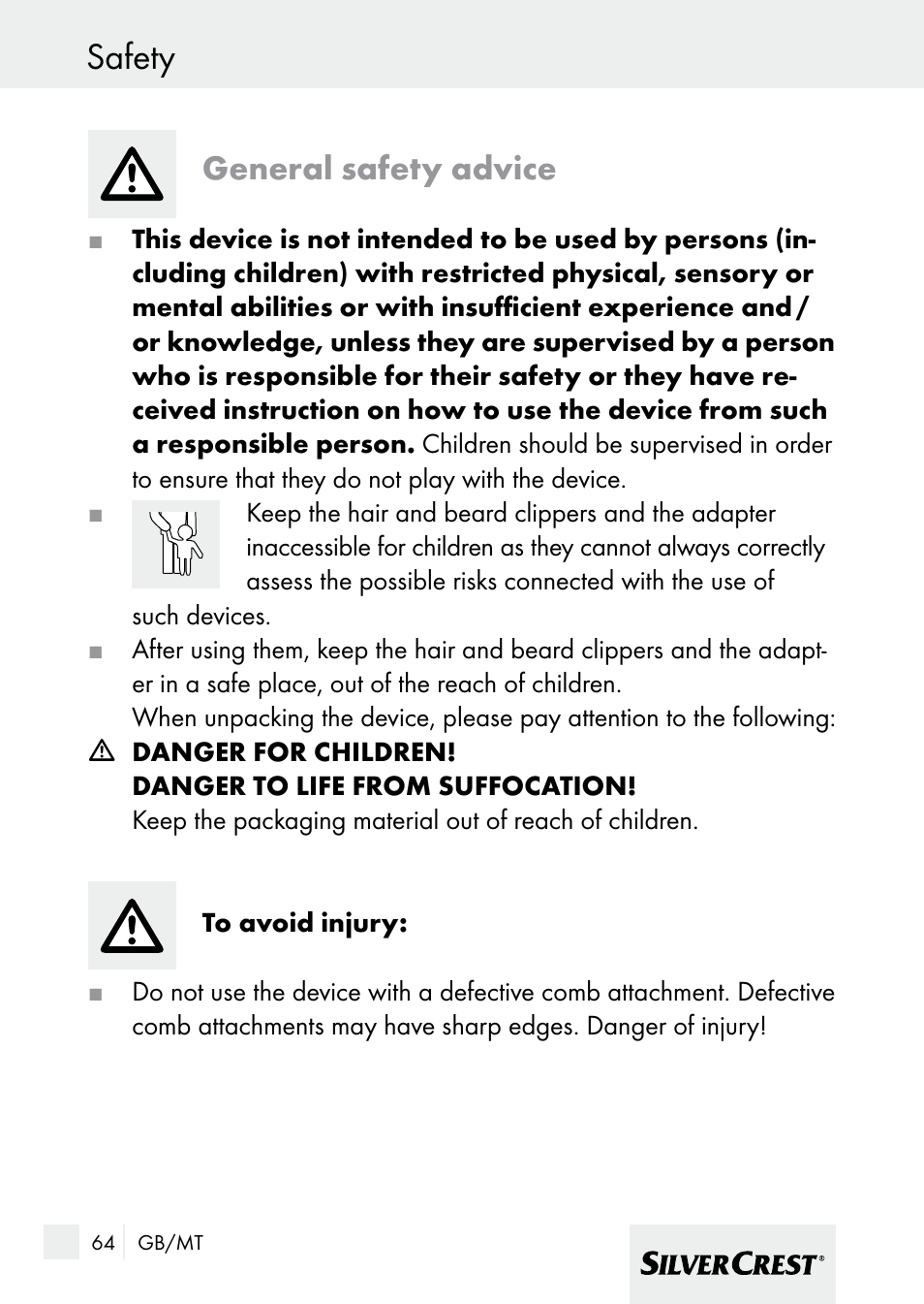 Safety, General safety advice | Silvercrest 7133016 User Manual | Page 64 / 95