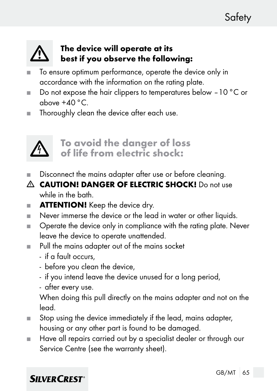 Safety | Silvercrest 7133016 User Manual | Page 65 / 95