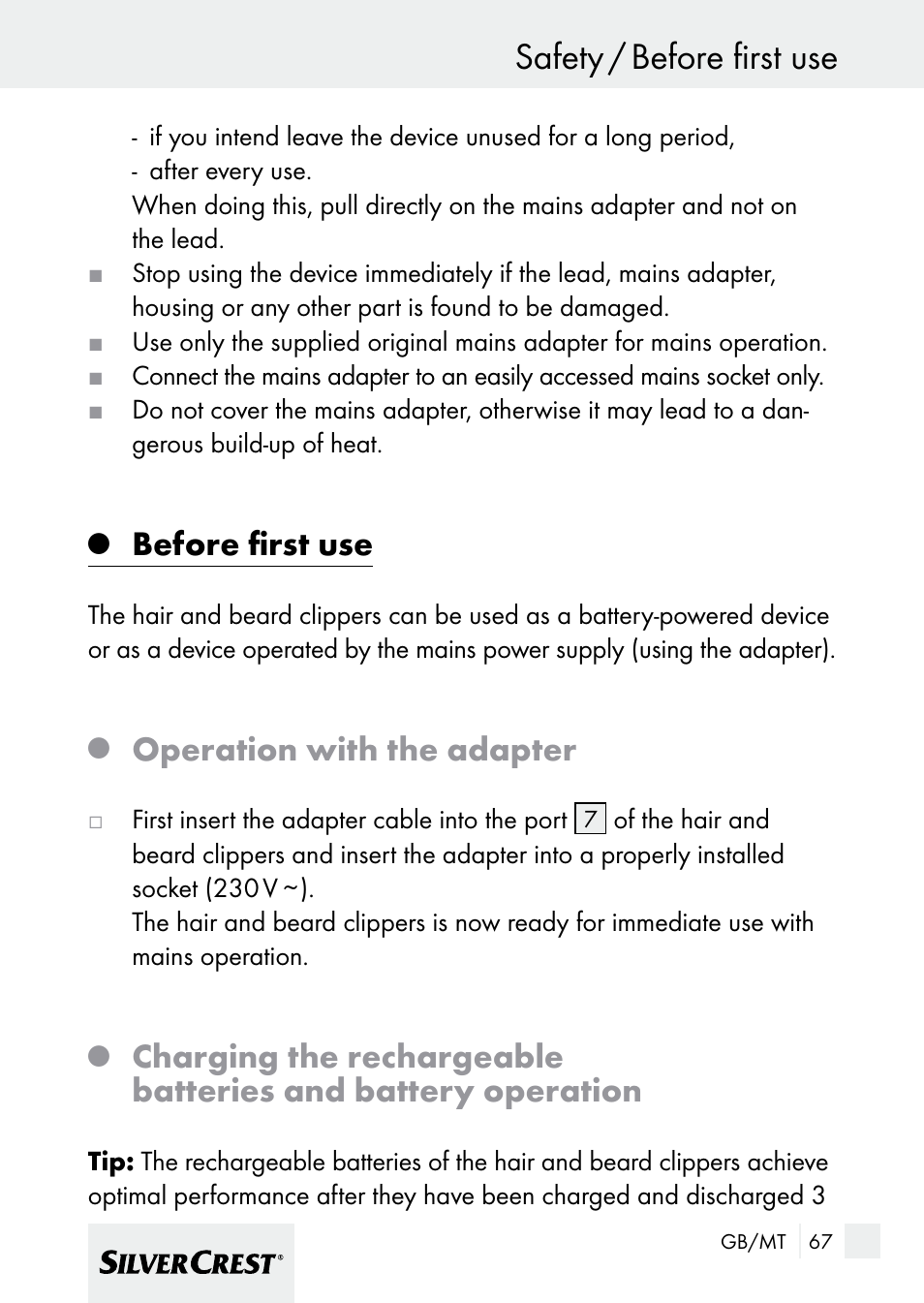 Safety / before first use, Before first use, Operation with the adapter | Silvercrest 7133016 User Manual | Page 67 / 95