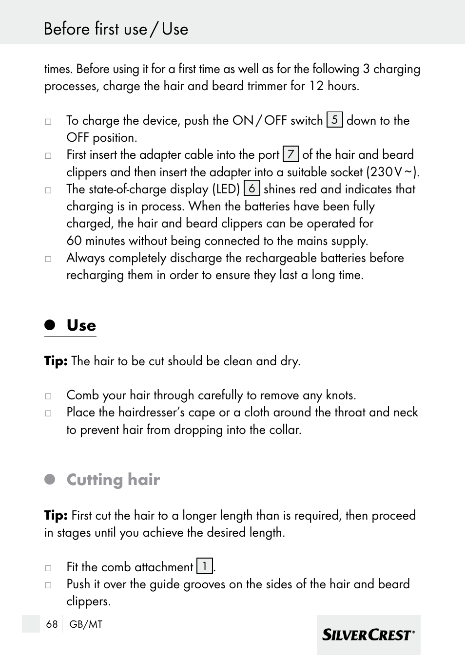 Before first use / use, Cutting hair | Silvercrest 7133016 User Manual | Page 68 / 95