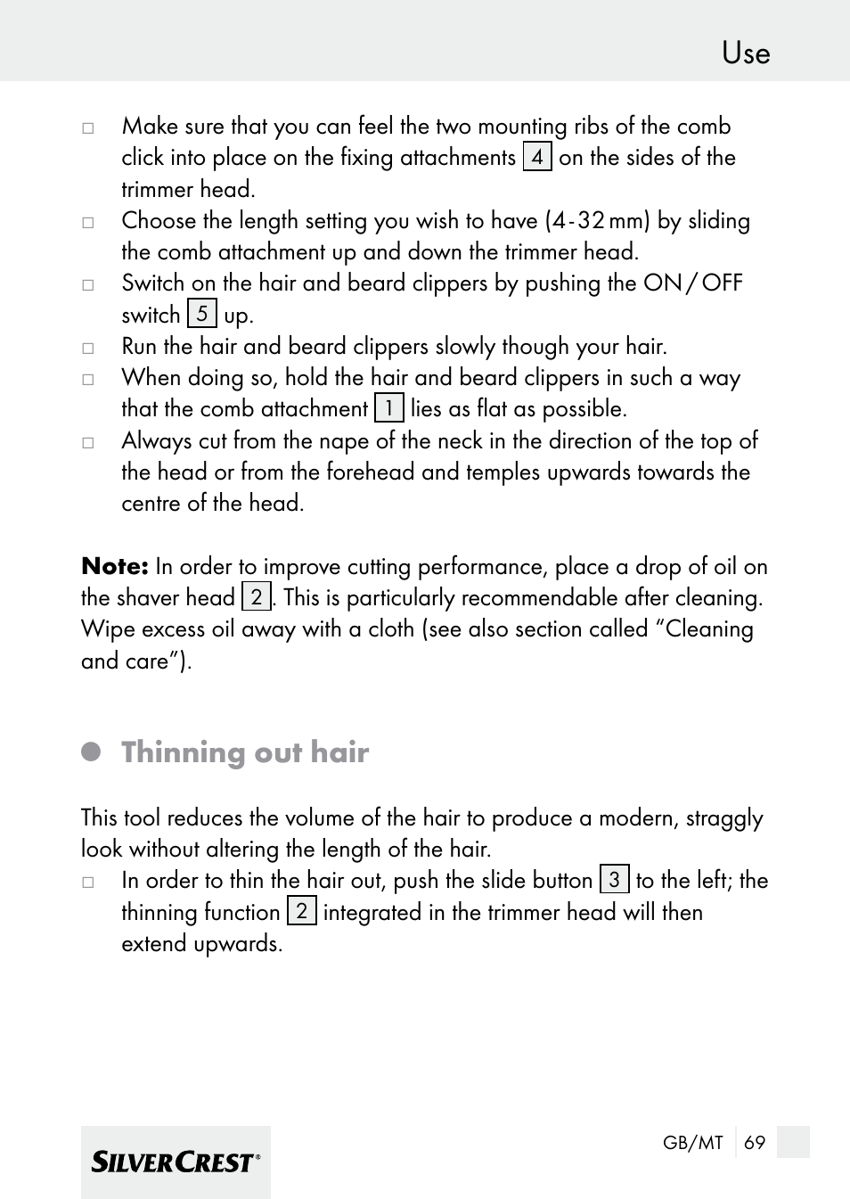 Thinning out hair | Silvercrest 7133016 User Manual | Page 69 / 95