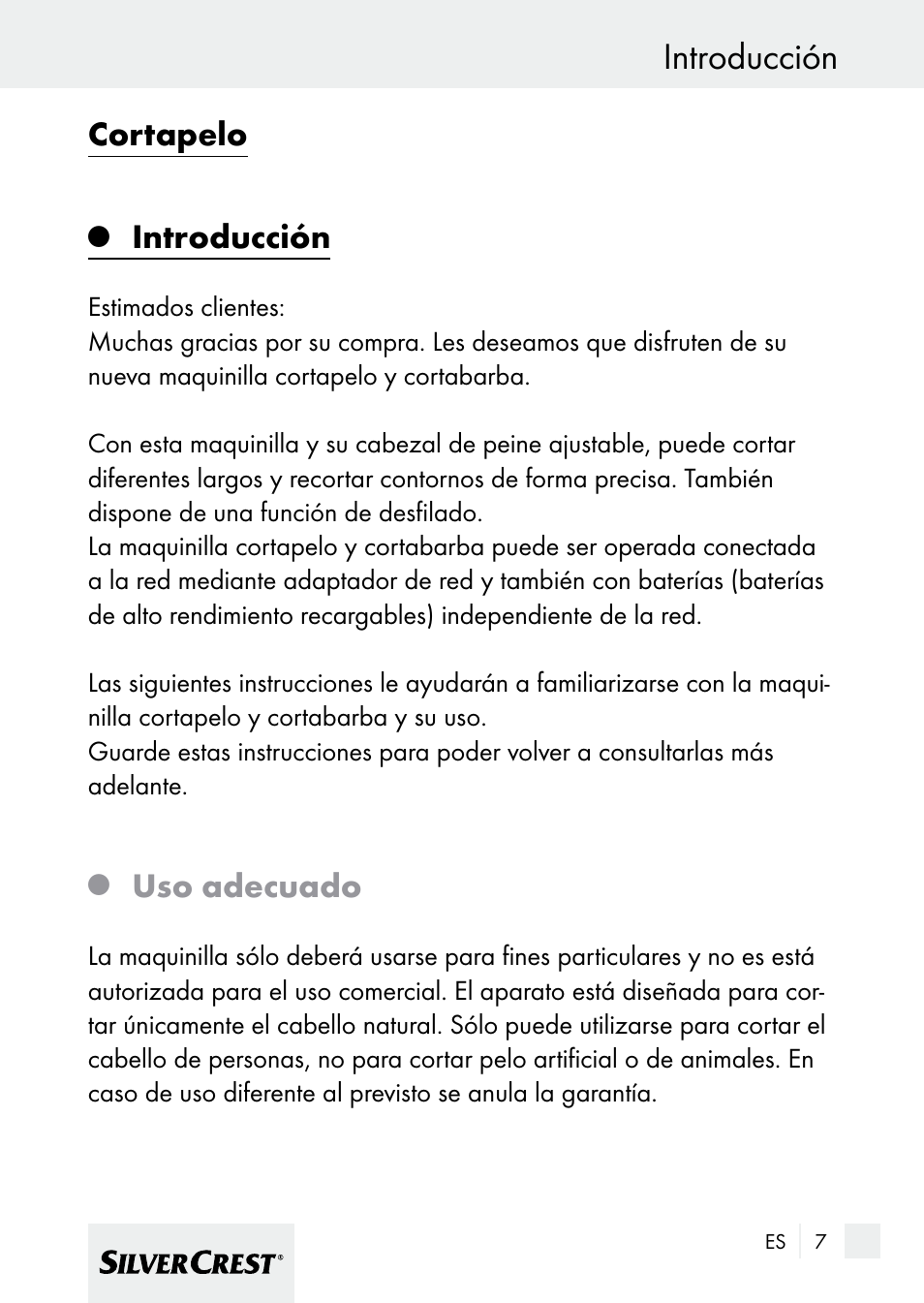 Introducción, Cortapelo, Uso adecuado | Silvercrest 7133016 User Manual | Page 7 / 95