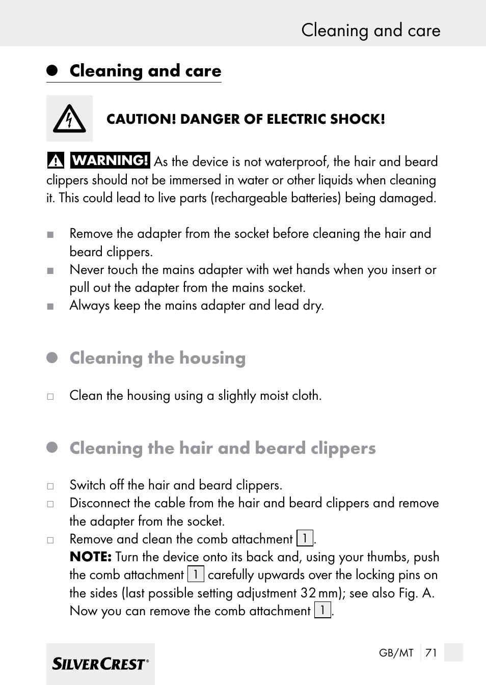 Cleaning and care, Cleaning the housing, Cleaning the hair and beard clippers | Silvercrest 7133016 User Manual | Page 71 / 95