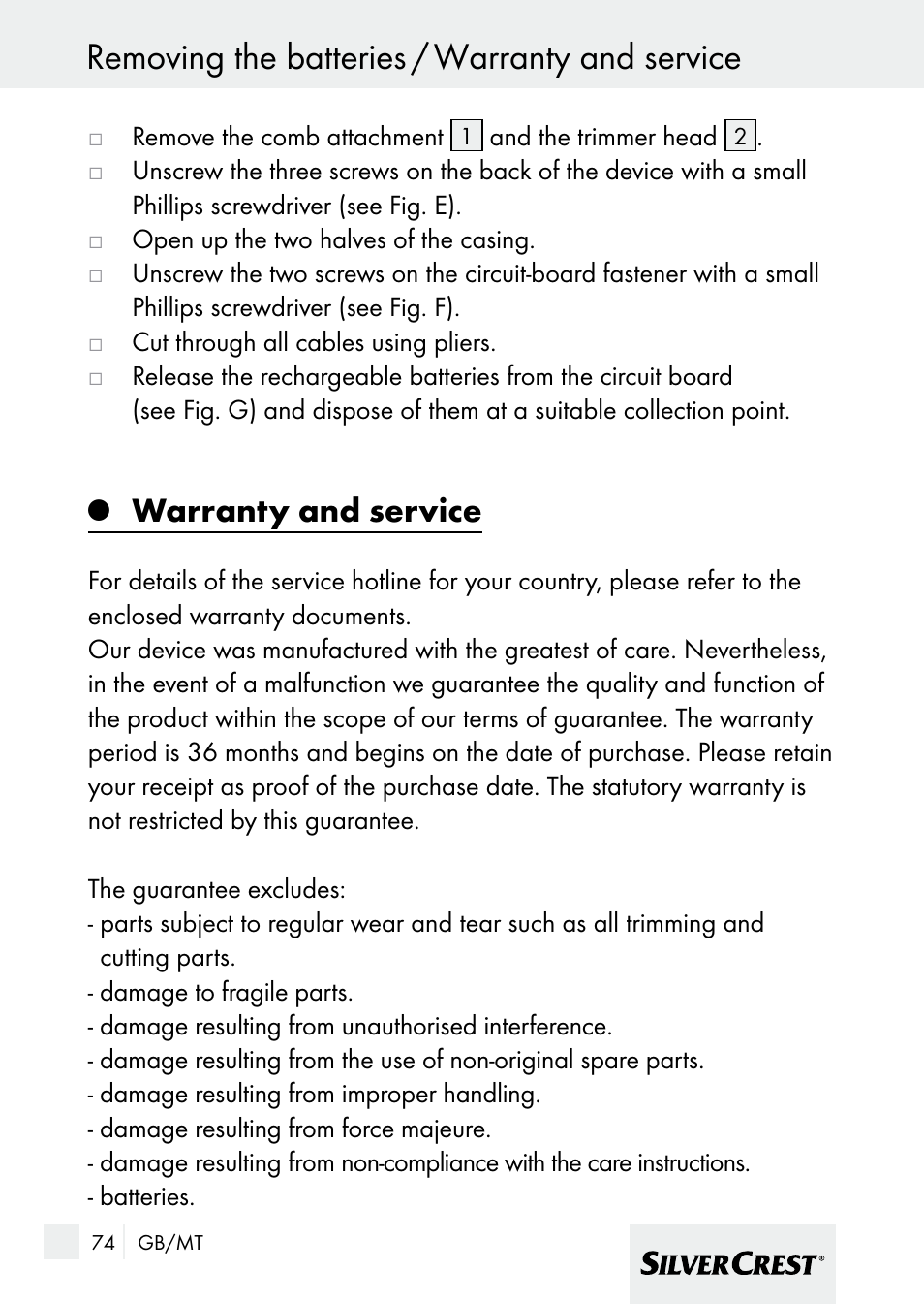 Removing the batteries / warranty and service, Warranty and service | Silvercrest 7133016 User Manual | Page 74 / 95