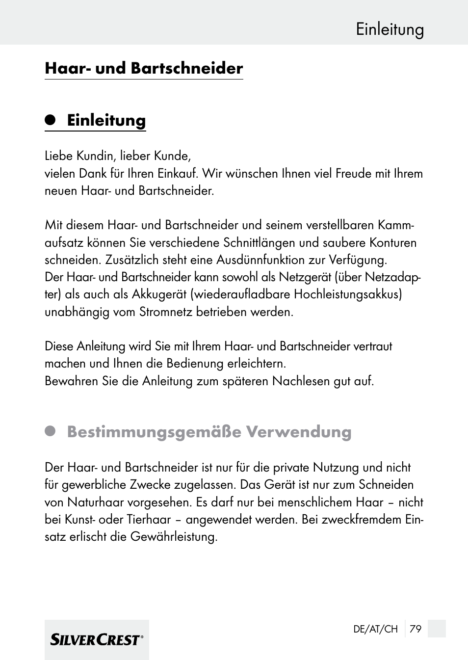 Haar- und bartschneider, Einleitung, Bestimmungsgemäße verwendung | Silvercrest 7133016 User Manual | Page 79 / 95