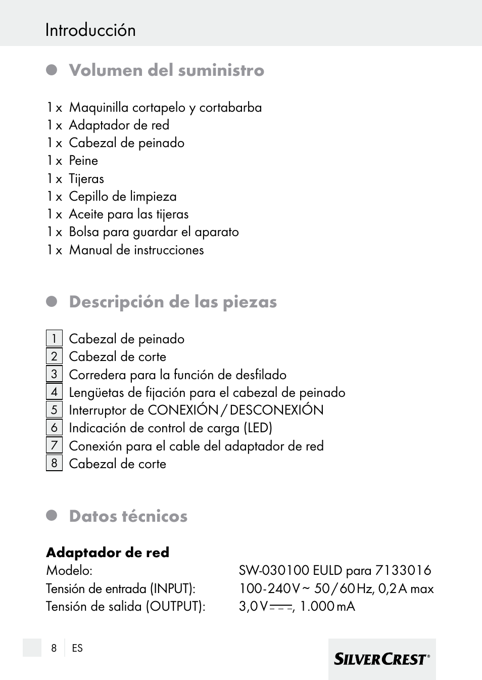 Introducción, Volumen del suministro, Descripción de las piezas | Datos técnicos | Silvercrest 7133016 User Manual | Page 8 / 95