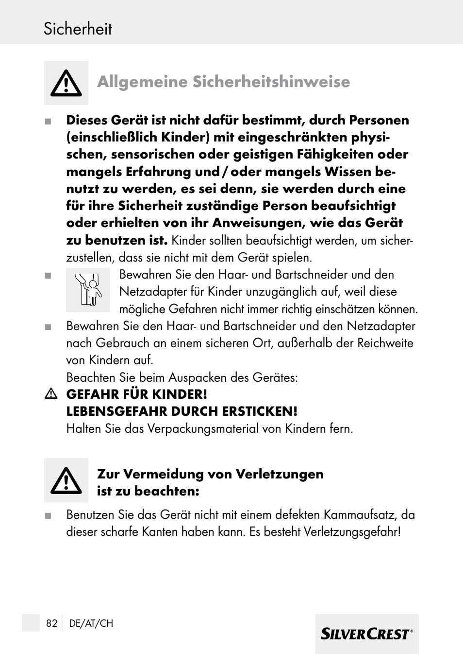 Sicherheit, Allgemeine sicherheitshinweise | Silvercrest 7133016 User Manual | Page 82 / 95