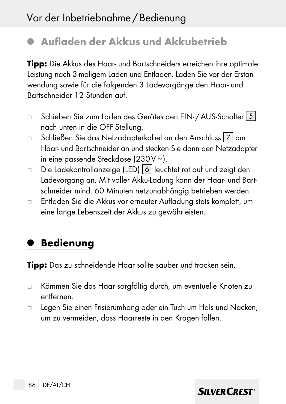 Vor der inbetriebnahme / bedienung, Aufladen der akkus und akkubetrieb, Bedienung | Silvercrest 7133016 User Manual | Page 86 / 95