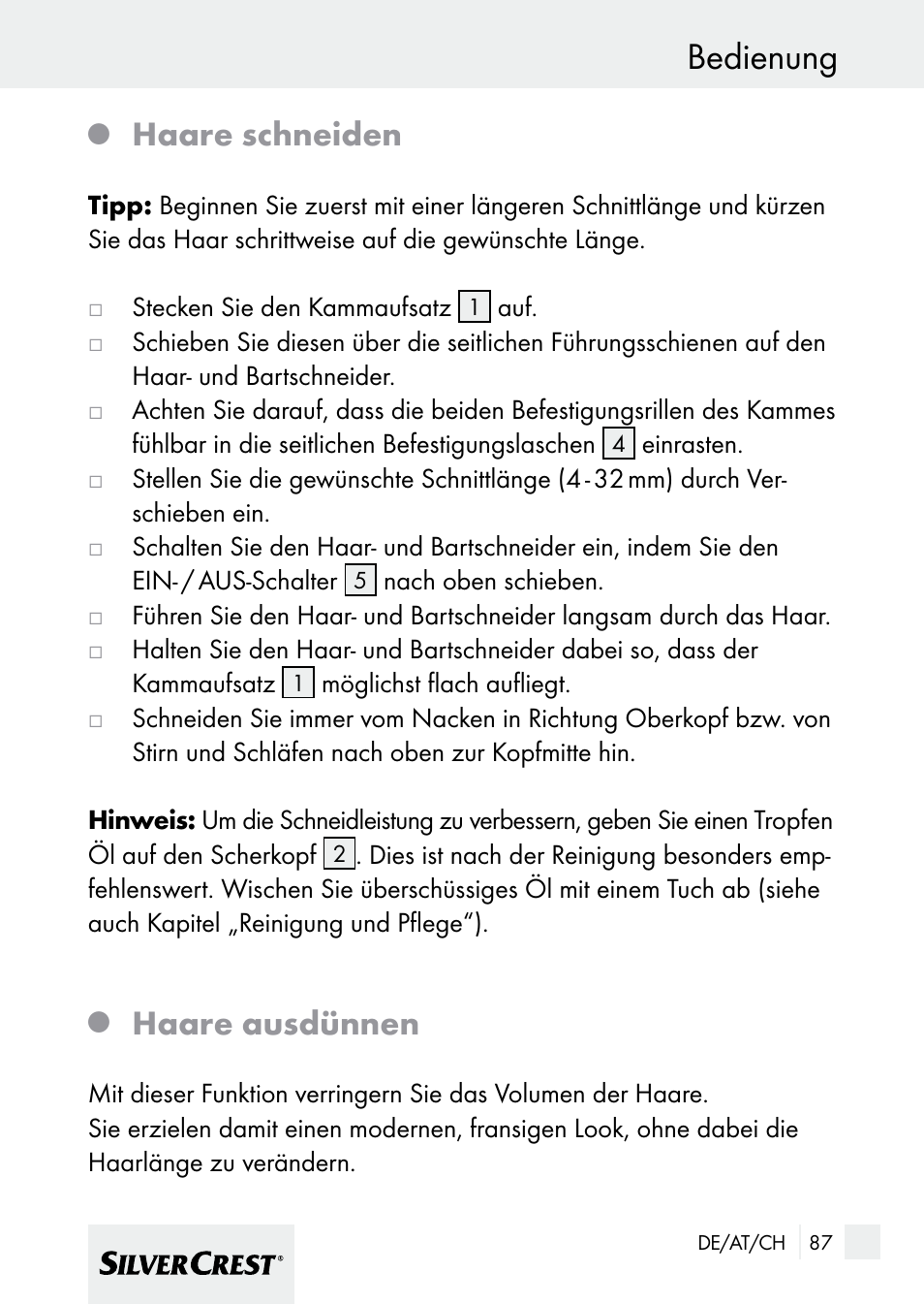 Bedienung, Haare schneiden, Haare ausdünnen | Silvercrest 7133016 User Manual | Page 87 / 95