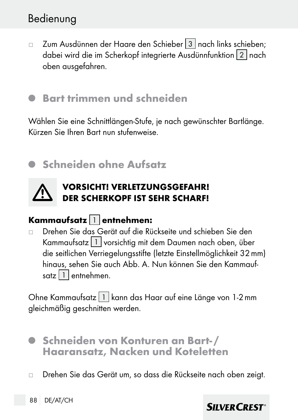 Bedienung, Bart trimmen und schneiden, Schneiden ohne aufsatz | Silvercrest 7133016 User Manual | Page 88 / 95